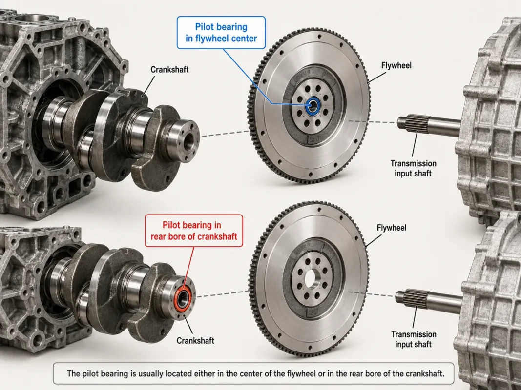 pilot bearing located in the center area of the flywheel or in the rear bore of the crankshaft